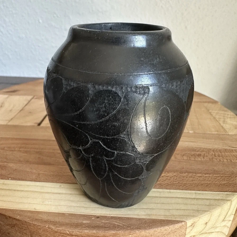 Vintage Artisan Signed Marginea Pottery Vase 3.5 Inch Black Carved Floral Leaves